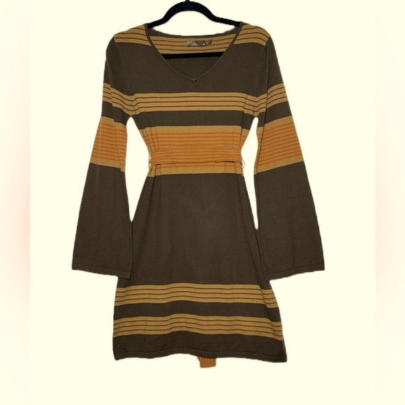 PrAna Sydney Sweater Dress with V-Neck & Tie Belt in Brown, Tan, & Orange, M - Picture 4 of 15